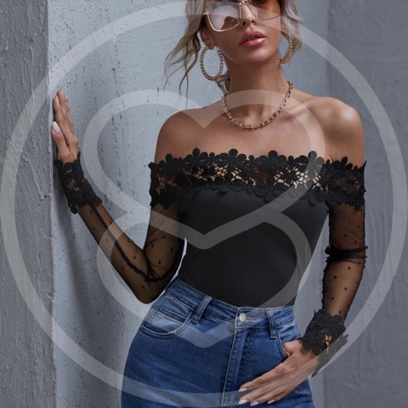 Tops - - black floral detail off shoulder long sleeve top